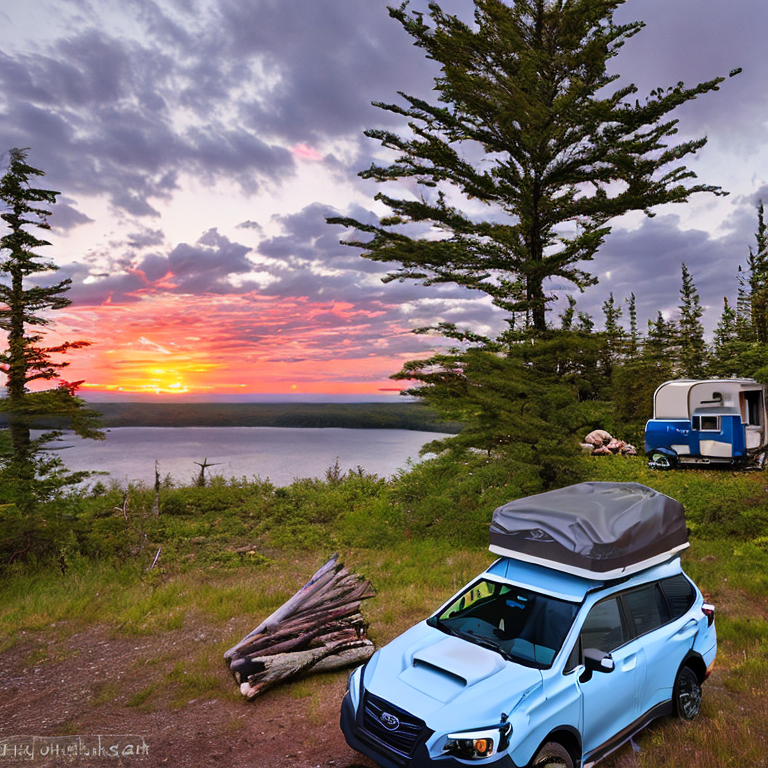 A gray-blue Subaru rests at a snowy campsite as the sun sets over Isle Royale. Its rooftop tent is open beside a warm campfire, hiking path, wildflowers, and a box of camping gear.