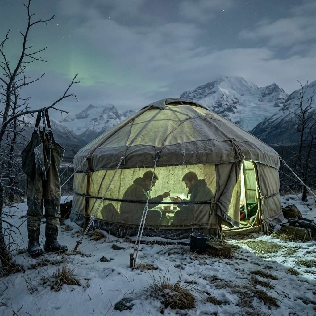 A glowing ger stands on a snowy slope beneath the mountains at night. Two people sit inside, and waders hang from a bare tree nearby.