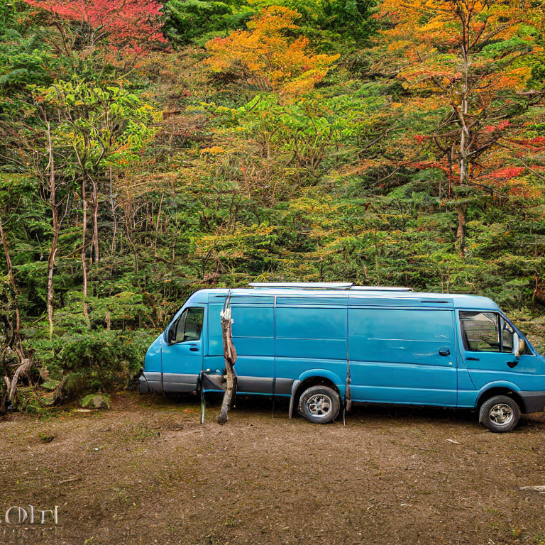 A blue camper van rests on a quiet dirt campsite surrounded by bushes and small trees. Fall colors glow in the soft dusk light, while patches of stone and gravel cover the ground.
