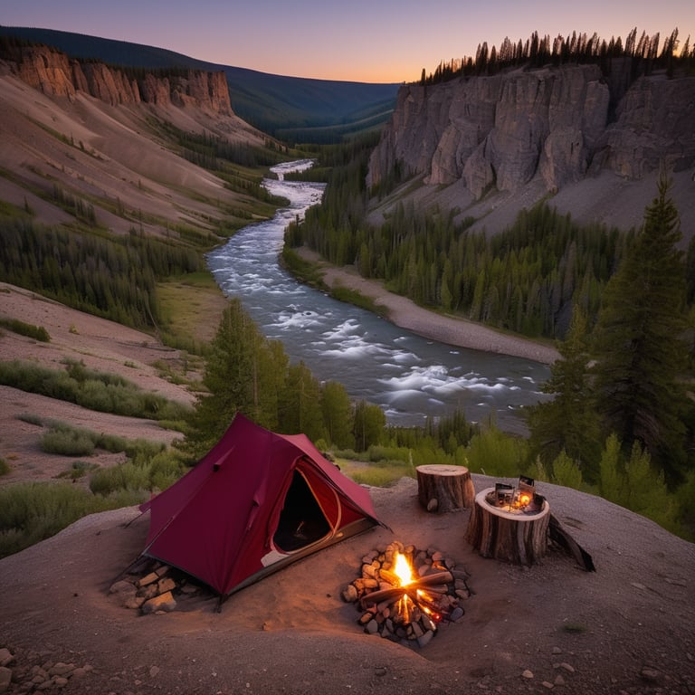 A burgundy tent rests among rolling hills beneath a sky full of shooting stars. Nearby, a warm campfire glows beside a waterfall, with an axe in a stump and a cooler by the tent.