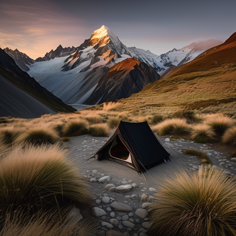 A black tent rests on a dirt campsite surrounded by tall grass and large stone slabs. Fog drifts through Mount Cook National Park as hikers explore the rugged landscape. The soft sunset light creates a calm, wild atmosphere.