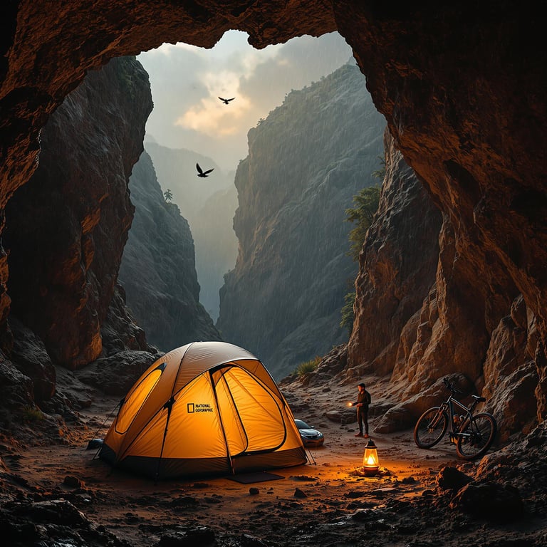 An inflatable tent glows softly in a rocky gorge as rain falls around it. A bicycle and camping lantern rest nearby, while a bird flies across the sky above. Viewed from high above, the campsite feels wild and peaceful.