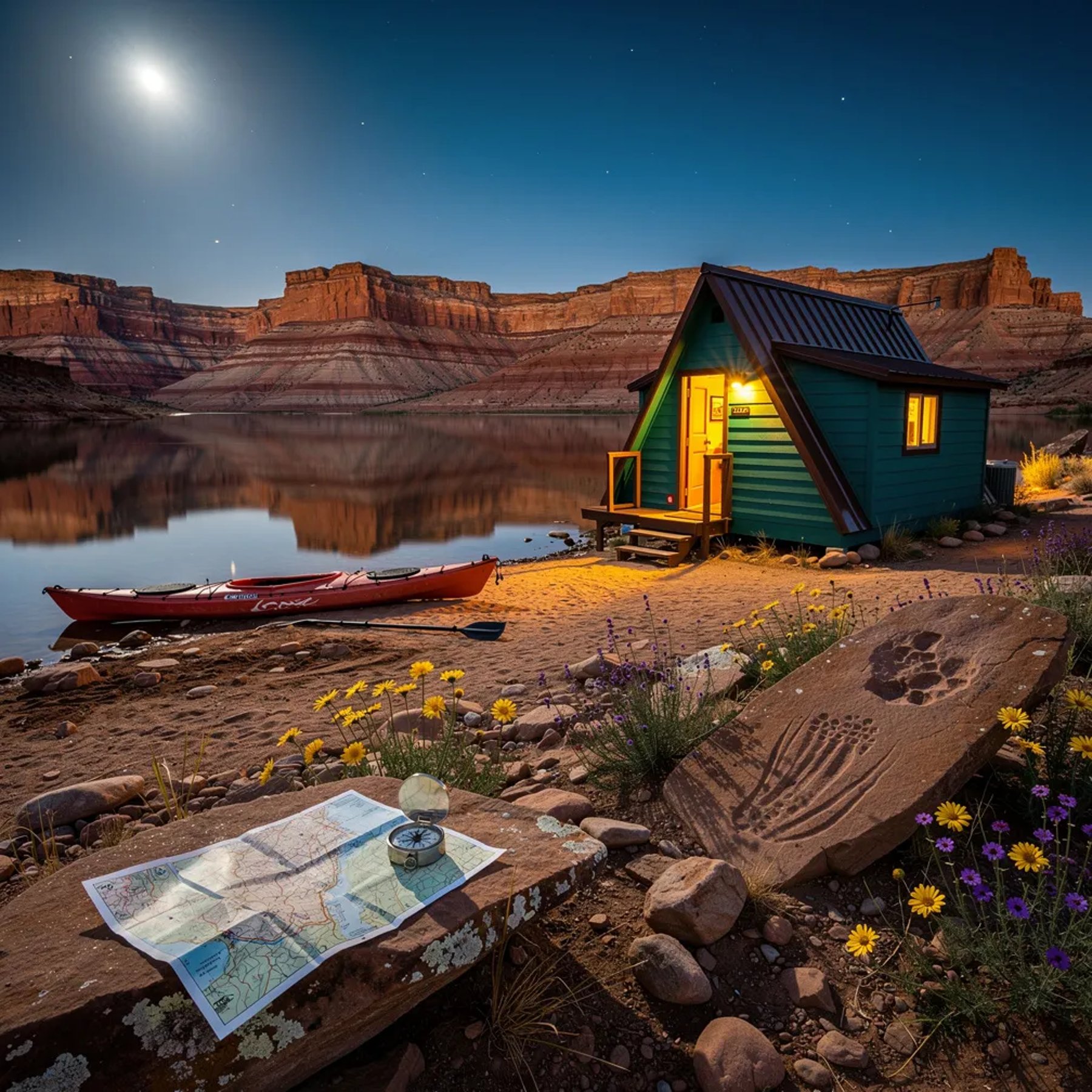 A quiet lake shines like a mirror under a sky full of stars, with tall red cliffs in the distance. A teal A-frame cabin glows warmly beside the shore, and a kayak rests on the sand nearby. On a flat rock, a compass sits on a folded map, while tiny desert flowers and faint old tracks mark the ground.