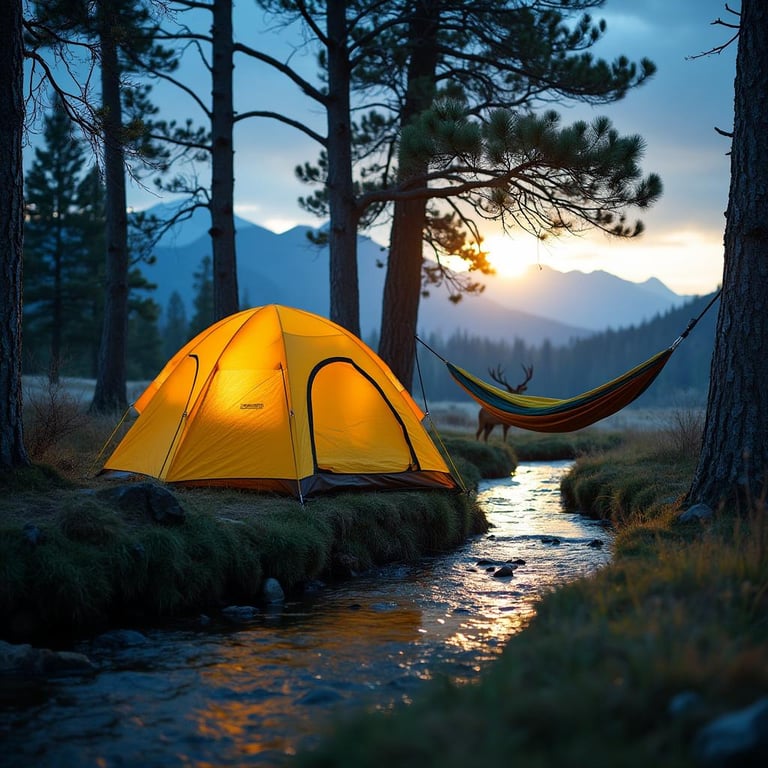 A bright yellow tent rests beside a clear stream in Yellowstone. A hammock hangs between the trees, while a deer watches from the distance. Mountains glow under the setting sun as light hail falls.