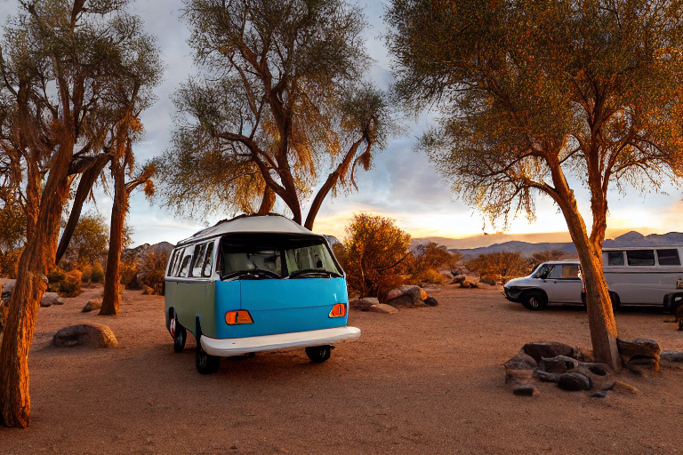 A colorful VW campervan rests at a quiet campsite in Joshua Tree National Park. Nearby, a tent glows softly with flashlight light beside a dirt clearing. Small fall-colored trees and cloudy skies create a peaceful sunrise setting.