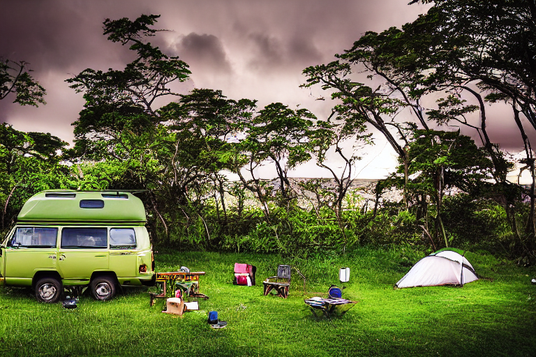 A green campervan rests beside a stream at a paved campsite in Hawaii. Boulders, camping chairs, and surfers add charm to the scene, while stormy dusk clouds create a wild, peaceful mood.