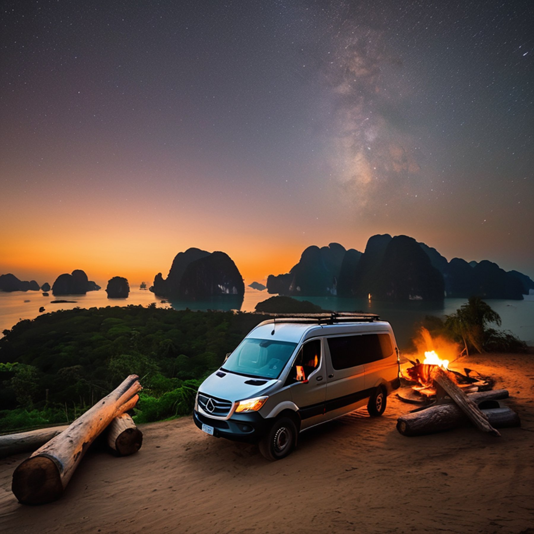 A gray and orange camper van rests on a quiet dirt campsite in Halong Bay. A small stream winds through the camp, while a fire and large log add a cozy touch. The setting sun and distant moon create a peaceful evening glow.