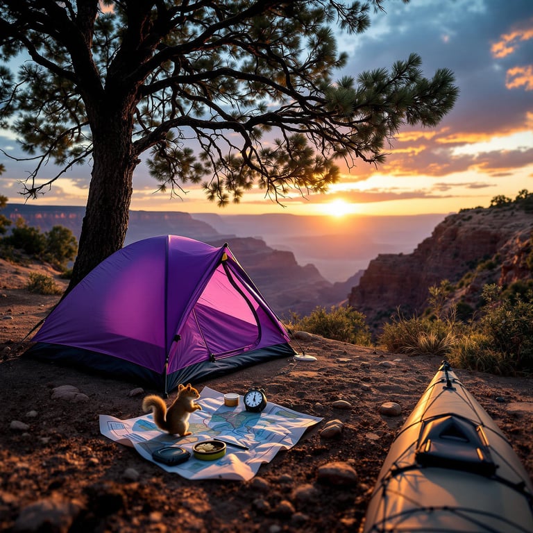 A purple tree tent rests near the Grand Canyon as the sun sets beneath a stormy sky. A squirrel dashes through the camp, while a compass and map lie nearby. A kayak sits on the shore, and a bear-proof food container hangs from a tree.