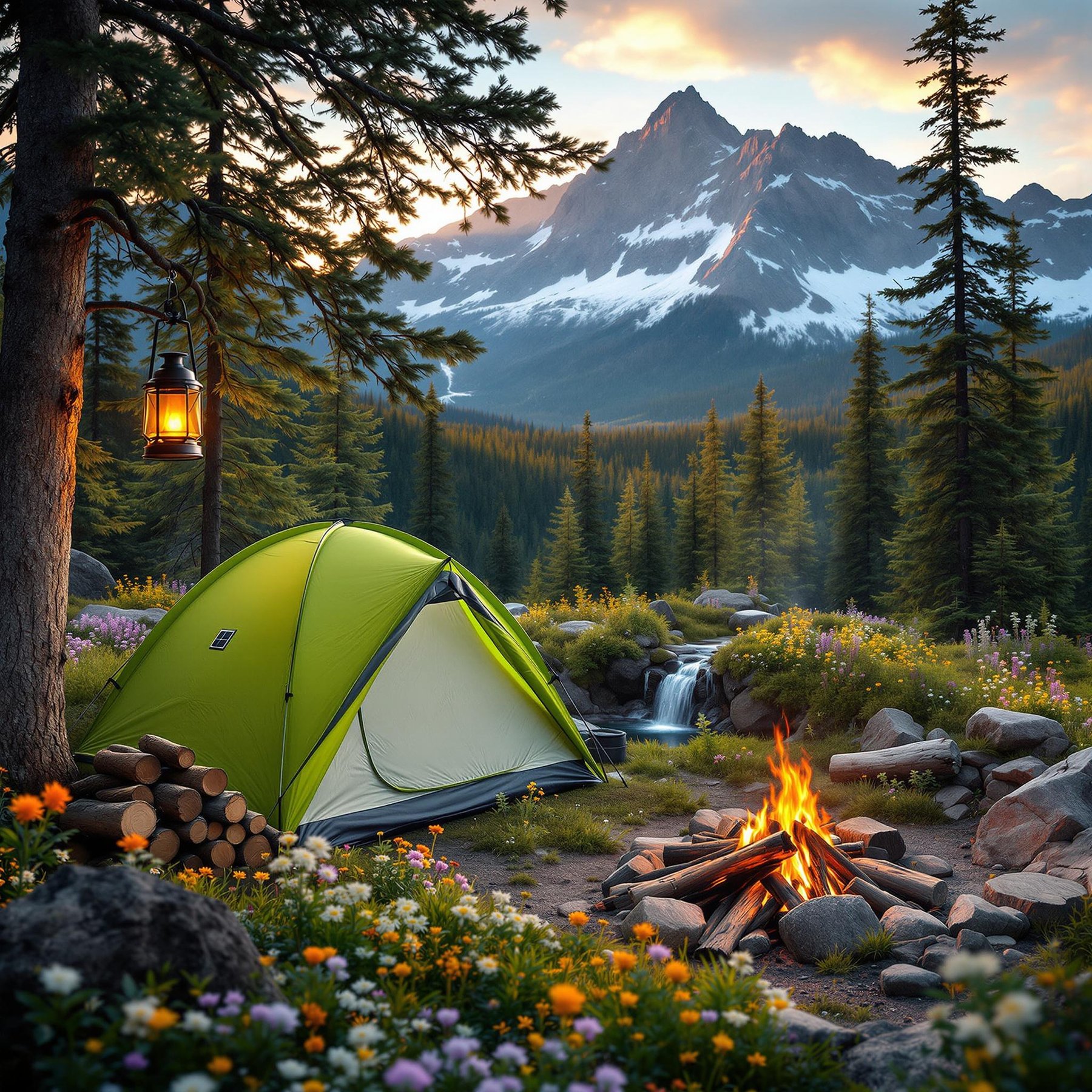 A bright lime green tent rests in a flower-filled meadow in Banff National Park. A small waterfall tumbles nearby, while firewood and a campfire add warmth beneath a lantern-lit tree. Snow swirls through the golden mountain air.