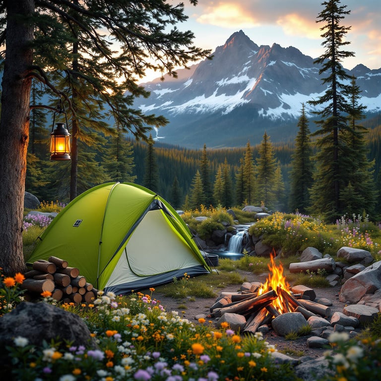 A bright lime green tent rests in a flower-filled meadow in Banff National Park. A small waterfall tumbles nearby, while firewood and a campfire add warmth beneath a lantern-lit tree. Snow swirls through the golden mountain air.