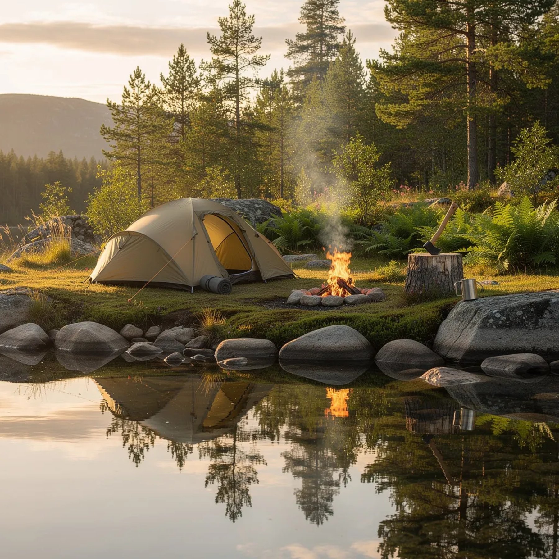 A quiet lake glows in the warm sunset, and the water mirrors the shore like a shiny glass. A small khaki tent sits by mossy rocks and bright ferns, with tall pine trees behind it. A little campfire sends thin smoke into the calm air, and an axe rests in a worn tree stump.
