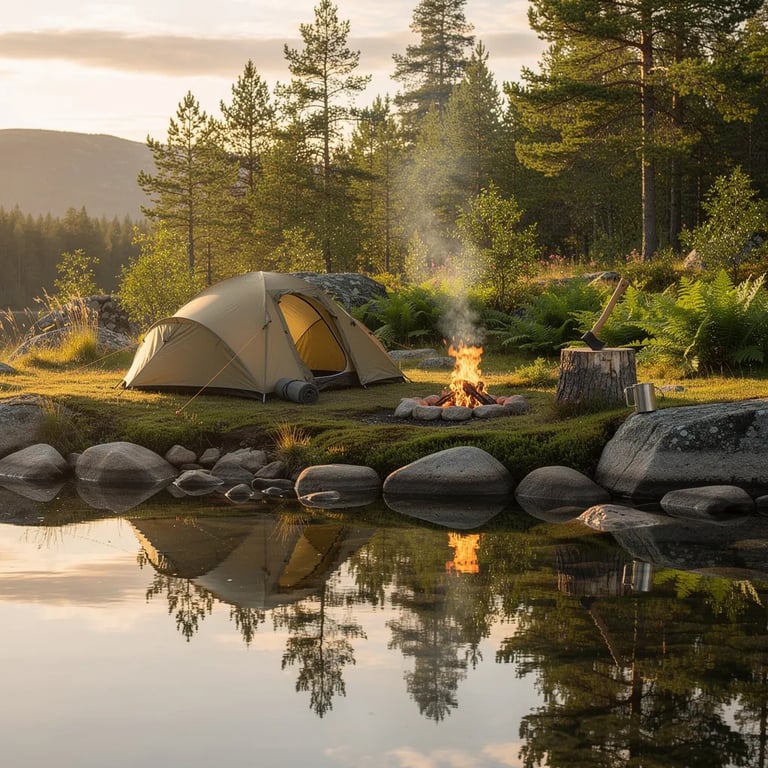 A quiet lake glows in the warm sunset, and the water mirrors the shore like a shiny glass. A small khaki tent sits by mossy rocks and bright ferns, with tall pine trees behind it. A little campfire sends thin smoke into the calm air, and an axe rests in a worn tree stump.