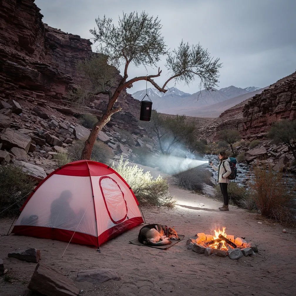 A red-and-white tent sits on sandy ground in a quiet desert oasis beside a rocky ravine. Soft gray dusk light hangs in the air, while a small campfire glows warm and bright on the stones. A dog sleeps curled up by the embers, and a hiker’s flashlight beam cuts through the dusty trail. Water mist from a nearby waterfall sparkles in the foreground, like a secret curtain.