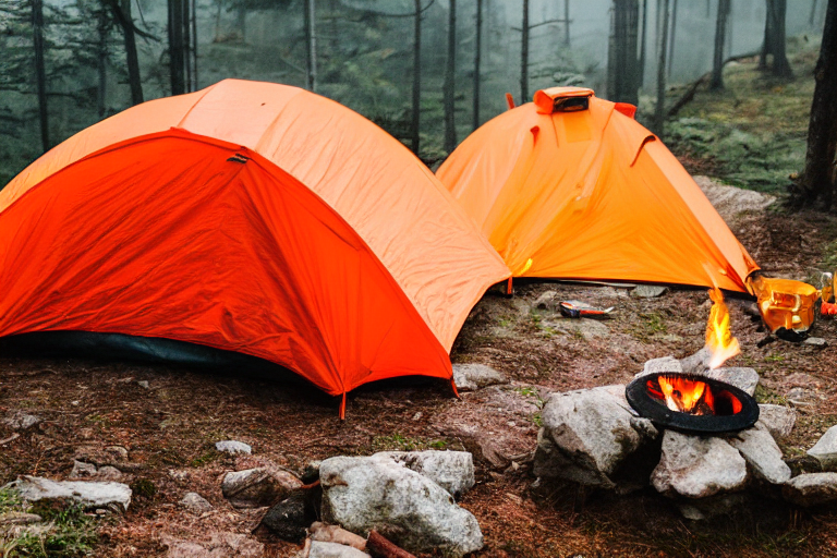 An orange tent rests among the misty trees of the Smoky Mountains at sunrise. A stone-ringed campfire, cozy chairs, and a guitar create a peaceful spot, with twigs scattered across the ground.