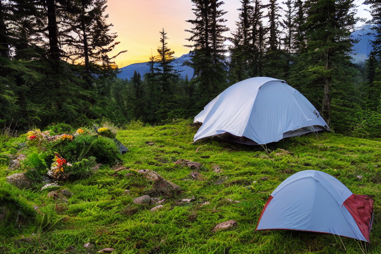 A forest-green tent rests on a paved campsite beside a quiet lake. Ferns and small flowers cover the ground, while a snowy mountain rises in the distance. The sunset gives the cool scene a warm, peaceful glow.