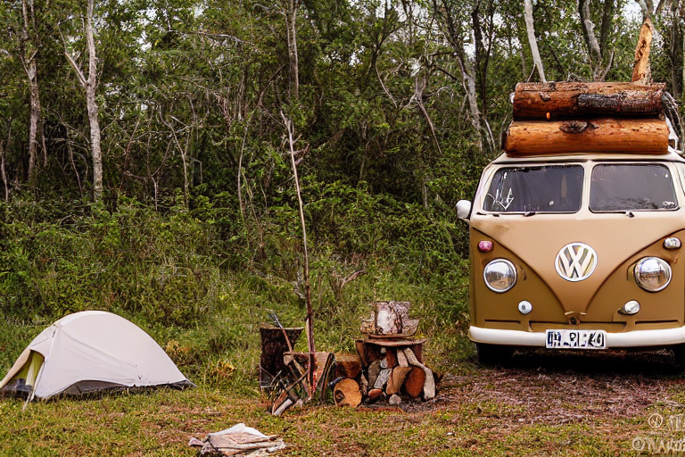 A brown campervan rests on a quiet dirt campsite as the sun sets behind rolling hills. A small campfire glows beside a box of camping gear, creating a warm and peaceful mood.
