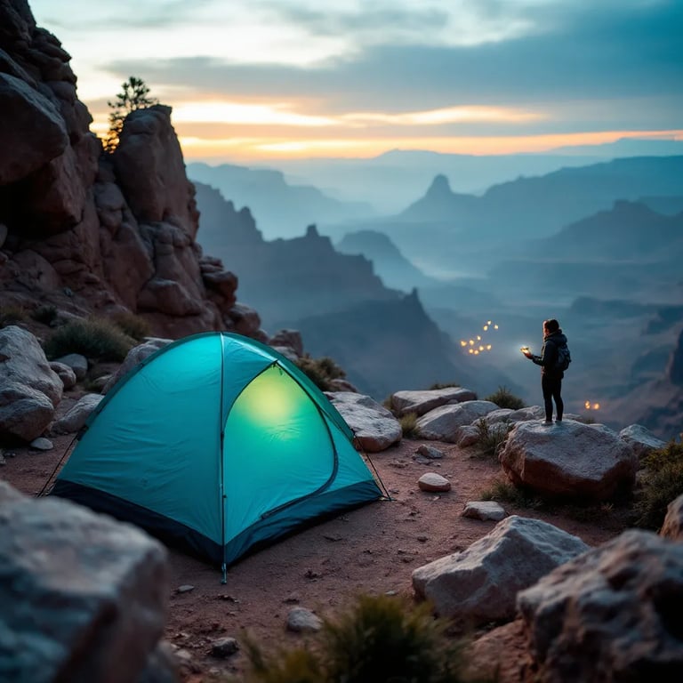 A bright turquoise tent rests on wide stone slabs in a misty canyon at sunrise. Mountains rise in the distance as a camper shines a flashlight, while monarch butterflies drift through the quiet air.