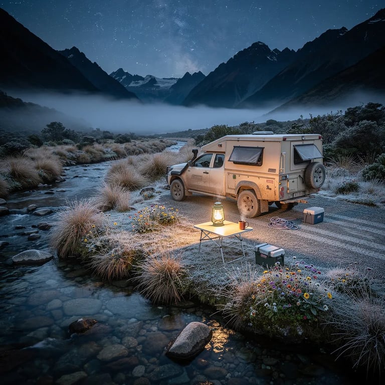 A quiet alpine valley stretches under a starry sky, with low fog drifting over frosty grass and tiny wildflowers. A clear stream winds past a beige truck camper parked on a gravel patch. A vintage lantern glows warm on a small table, making the nearby plants shine and a mug send up a little steam.