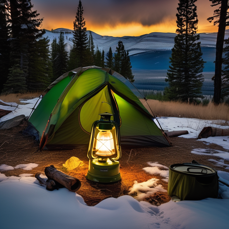 A forest-green tent rests on a dirt campsite as snow falls softly at dusk. A picnic table, glowing lantern, and small twig add cozy details, while tall mountains rise in the distance.