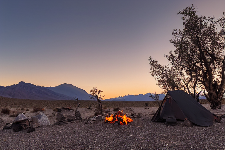 A black tent rests on a dirt campsite as the sun sets behind the mountains of Death Valley. A warm campfire glows among a ring of stones, with logs and a wooden guitar nearby. Hikers enjoy the quiet, sunny evening.