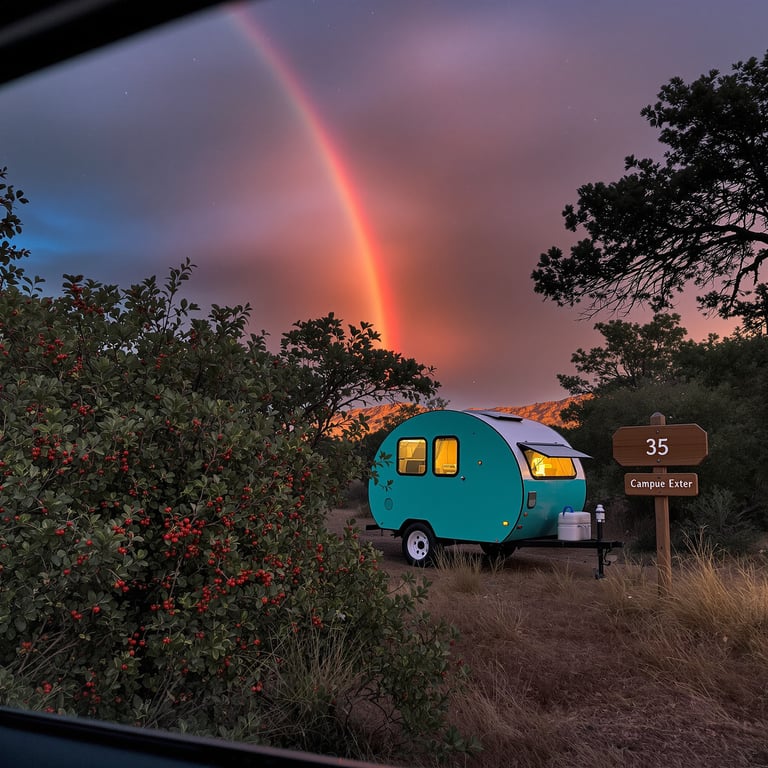 A bright teal camper sits under a glowing rainbow, surrounded by green trees and red berries. The campsite feels peaceful and cozy as the sky glows with sunset colors. It’s the perfect spot for a magical night outdoors.