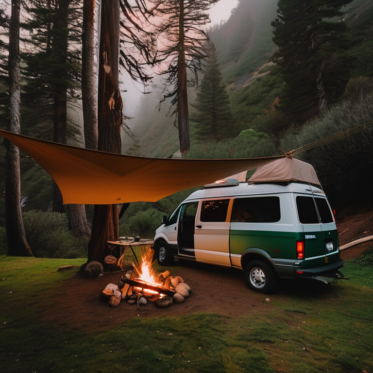 A green and tan van rests in a quiet Big Sur campsite surrounded by fall-colored trees and fresh snow. A warm campfire glows beside a hammock and clothesline, while leaves cover the ground.