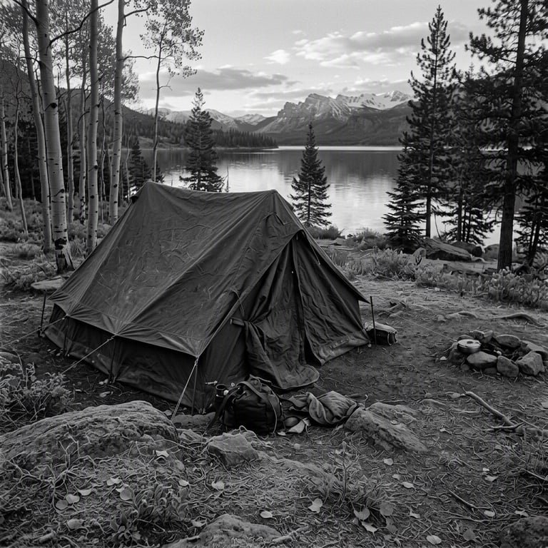 A worn green tent rests in a quiet grove near Grand Lake, dusted with frost and fallen aspen leaves. Soft dawn light settles over the still, rugged campsite.