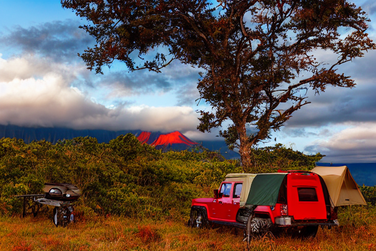 A red Jeep with a rooftop tent rests on a rocky campsite in Hawaii. Fall-colored trees, large boulders, and distant deer surround the camp under a cloudy sunset sky.