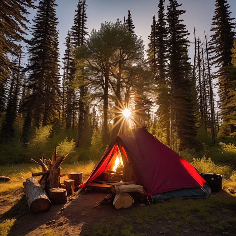 A burgundy tent rests among tall trees in Denali National Park as the sunrise sends warm beams through the clear sky. A campfire and logs sit at the heart of the peaceful campsite, with an axe stuck in a nearby stump.