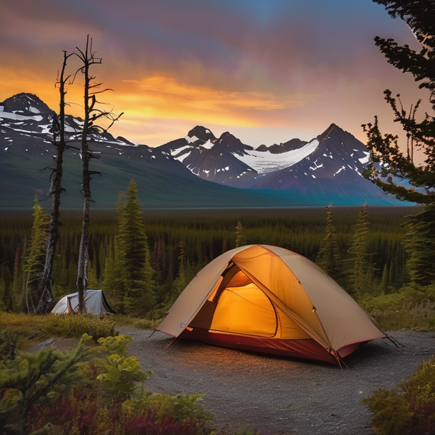 A cozy brown tent rests on a quiet paved campsite in the wilds of Alaska. Stars shine above the trees, while a hammock hangs nearby and a backpack sits on the ground. Berry-covered bushes add a bright touch to the peaceful scene.