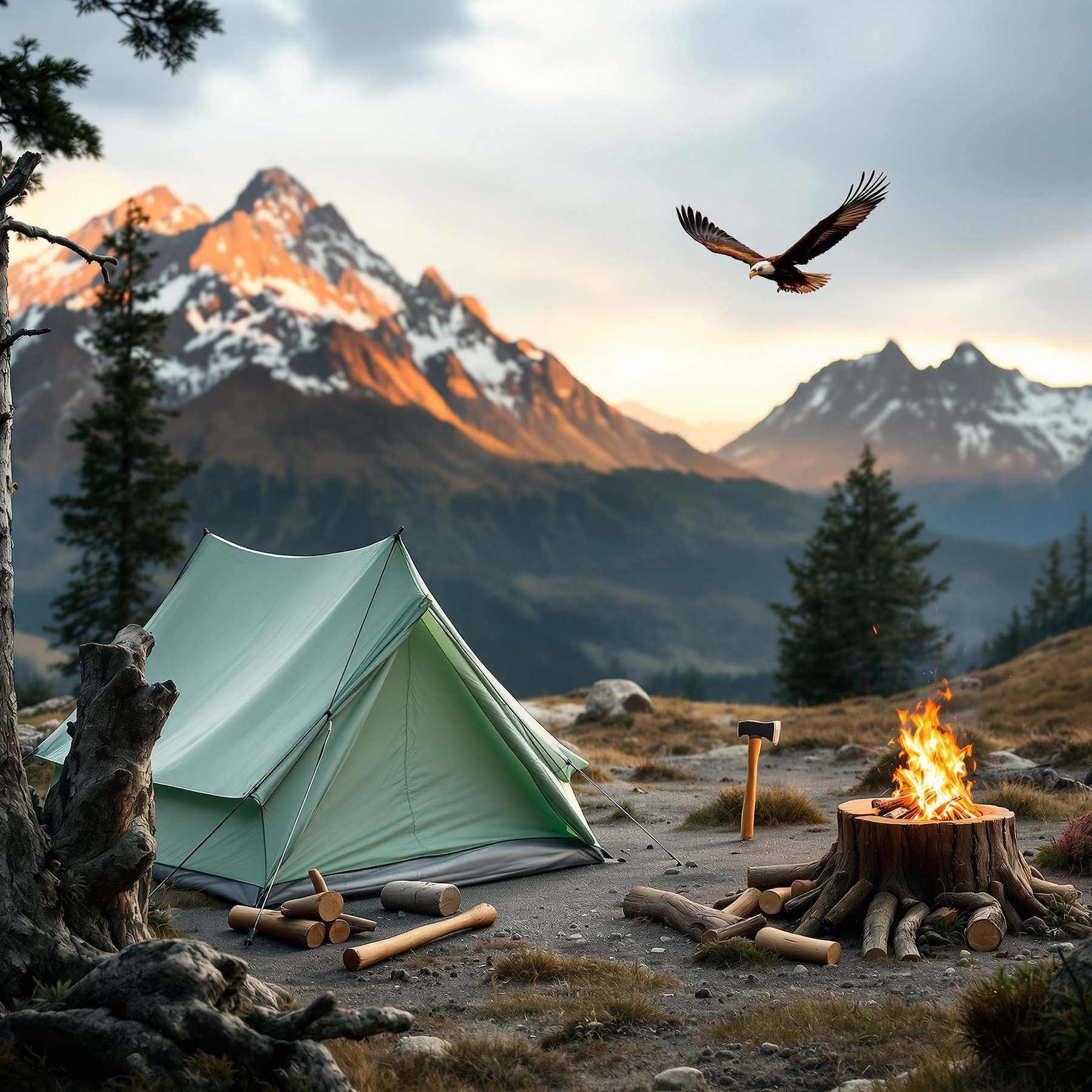 A cozy tent sits near a warm campfire, with snowy mountains rising in the background. An eagle soars overhead while the sun sets behind the peaks. This campsite feels peaceful and wild, perfect for adventure.
