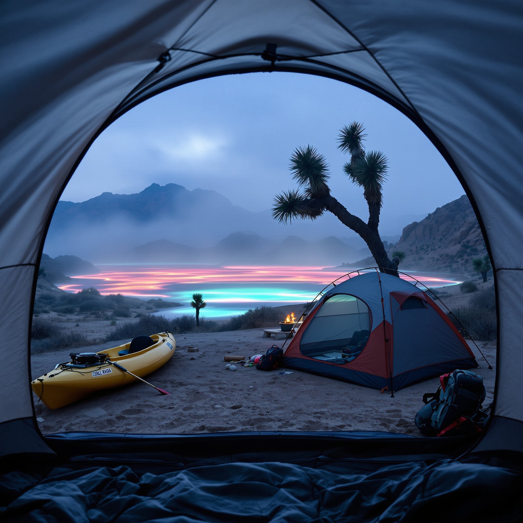 This campsite sits by a glowing, colorful lake surrounded by misty mountains and spiky desert trees. A cozy tent and kayak wait by the campfire, ready for adventure. The air feels peaceful and full of magic.