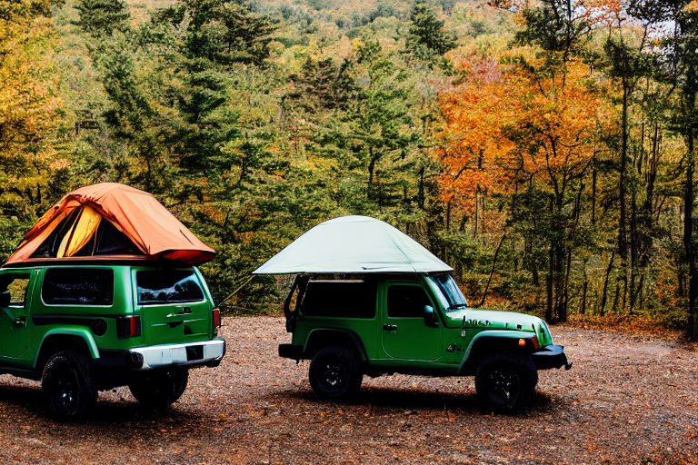A forest green jeep with a rooftop tent rests beside a campfire in the foggy hills of Upstate New York. Bright fall trees surround the campsite, while hikers and surfers enjoy the wild, scenic setting.