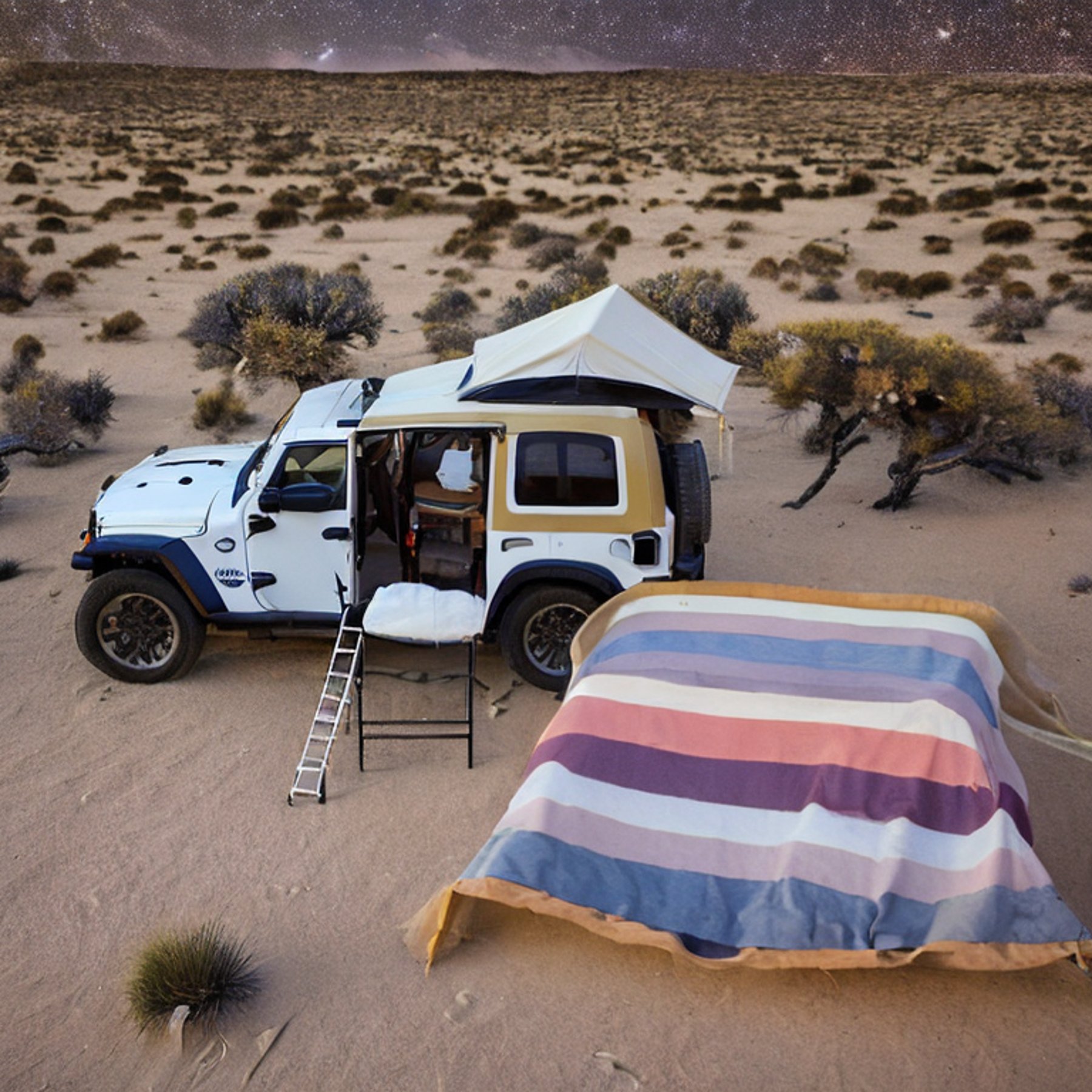 A cozy campsite rests in the snowy Joshua Tree desert at dusk. A Jeep with its rooftop tent open sits beside a warm campfire, chairs, and a clothesline. The moon glows softly above the quiet, dirt-covered ground.