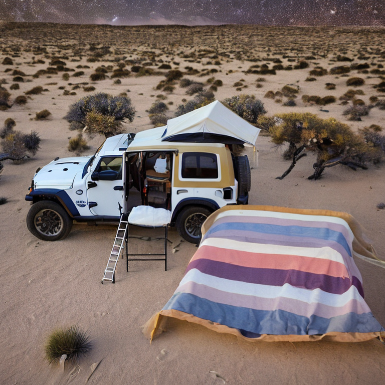 A cozy campsite rests in the snowy Joshua Tree desert at dusk. A Jeep with its rooftop tent open sits beside a warm campfire, chairs, and a clothesline. The moon glows softly above the quiet, dirt-covered ground.
