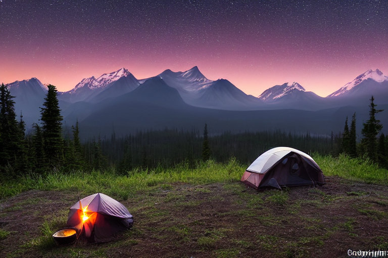 A black Subaru rests in a quiet Alaskan campsite, with a rooftop tent glowing softly above it. A warm campfire burns on the dirt, surrounded by bushes and fallen logs. Fog drifts around the distant mountains as the sun sets.