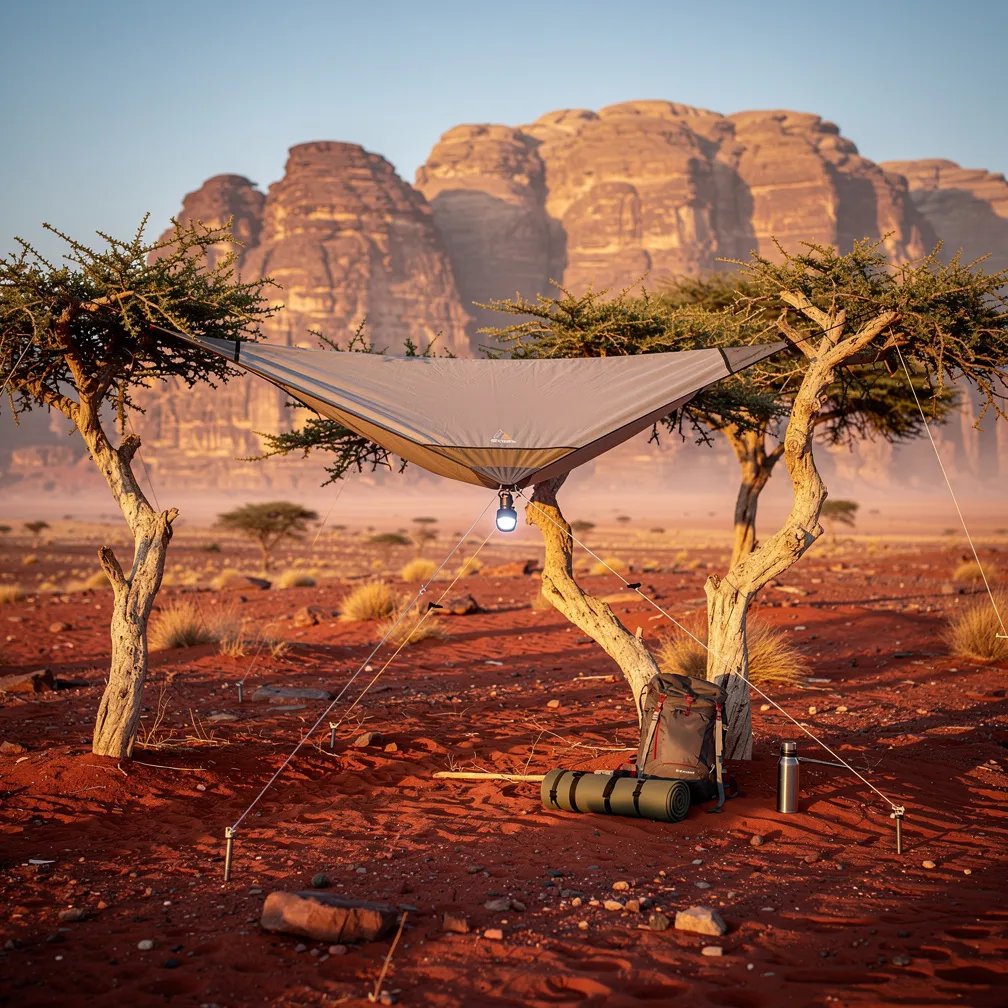 A golden sunrise lights up a wide red desert valley, with warm sandstone mountains glowing in the distance. A modern tree tent hangs between two tough acacia trees, pulled tight with ropes and metal stakes in the sand. The air feels calm and quiet, with soft haze and long shadows stretching over the rocky ground.