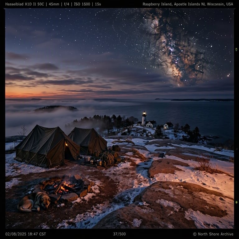 Two dark tents rest on a snowy sandstone bluff above the quiet waters of Lake Superior. A sleeping dog curls beside the warm fire ring, while fog drifts past the lighthouse grounds and stars shine overhead.