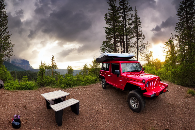 A red and white Jeep sits beside a quiet river, with its rooftop tent open beneath tall trees. A warm campfire glows on the dirt as stormy clouds gather over the distant mountains. Camping chairs and smooth stones make this a cozy spot to enjoy the wild.