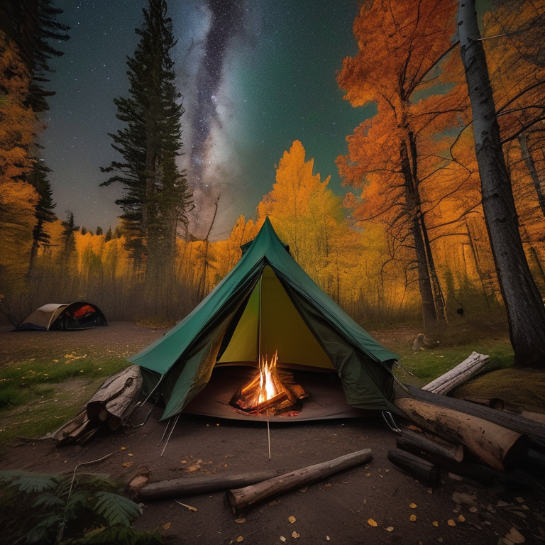 A green tent rests beside a warm hot spring in a quiet autumn forest. A bright campfire glows on the dirt clearing, with a backpack nearby. Fog drifts under the star-filled night sky.