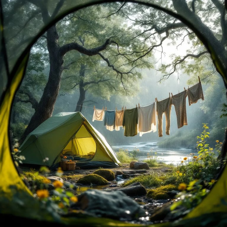 A green tent rests beside a quiet creek in a misty, rainy forest. Wildflowers brighten the rough ground, while clothes sway on a nearby line. Ice crystals sparkle on the branches, seen through the soft screen of the tent.