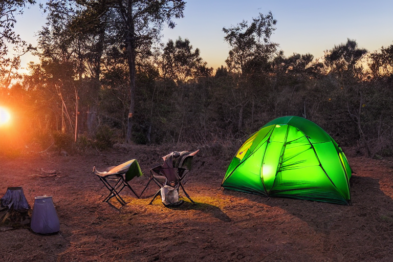A green camo tent rests on a dirt campsite near San Diego Beach. Fall-colored trees glow in the sunset, while camping chairs sit nearby. A distant moon shines above, and a person’s flashlight adds a small spark of light.