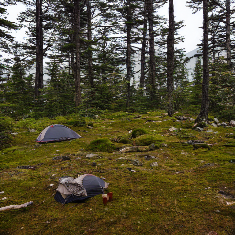 A black tent rests in a mossy forest clearing at dusk. A small campfire glows beside a backpack, while fog drifts through the trees. Overgrown grass and scattered twigs give the campsite a quiet, wild feeling.