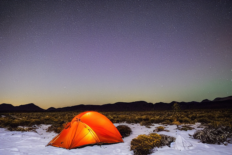 An orange tent rests on a snowy dirt campsite beneath bright green northern lights. Rolling hills stretch into the night, with a deer standing far away. A box of camping gear and a small twig add cozy detail to the scene.