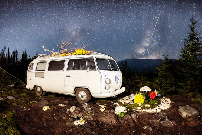 A white camper van rests on a snowy dirt campsite beneath a sky full of stars. Large rocks, stone slabs, and small flowers surround the camp, while a wooden guitar sits nearby.