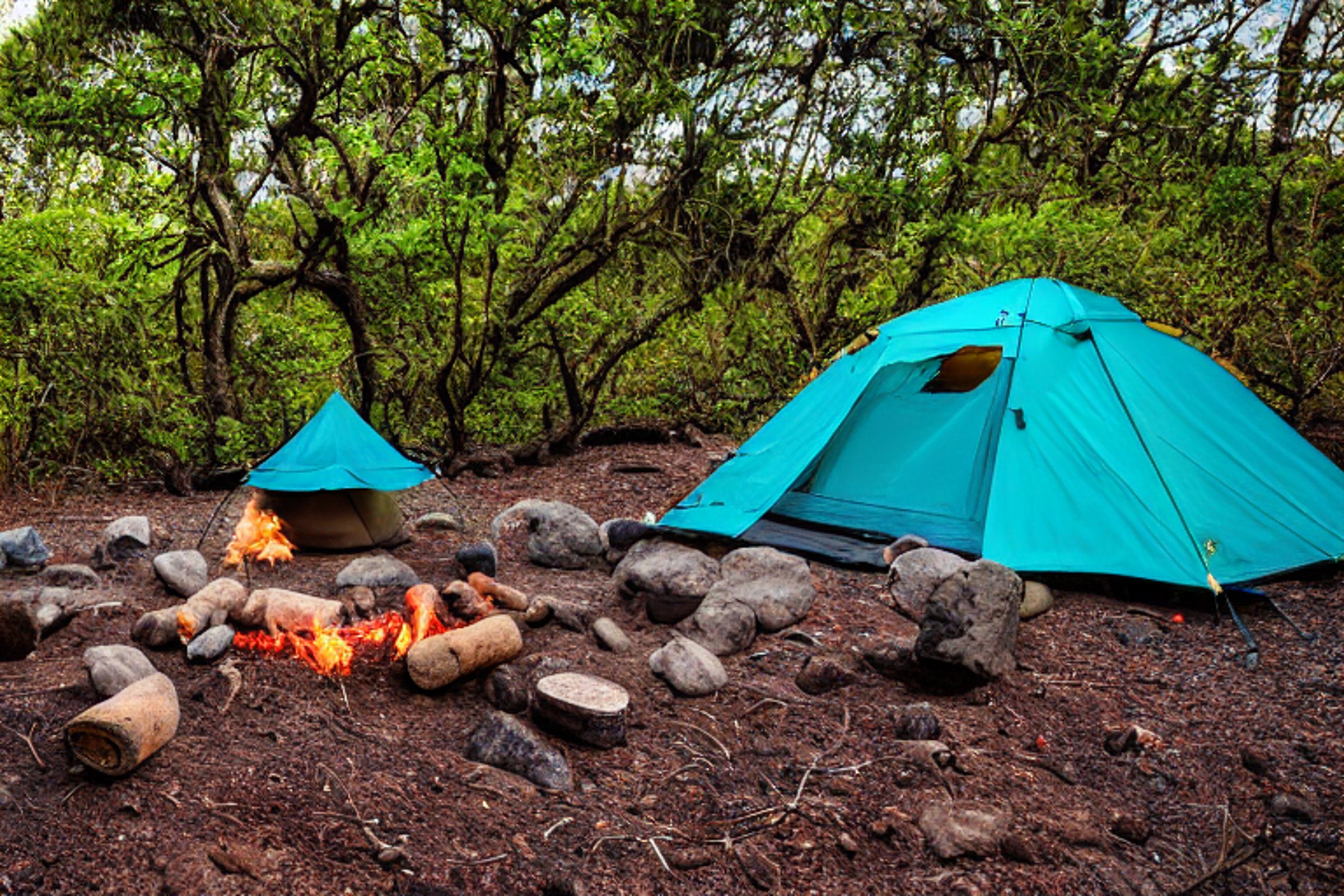 A teal tent rests on a rocky patch in Hawaii as the sun sets. A warm campfire glows among stone-ringed logs, while large stone slabs and a distant flashlight add to the peaceful evening.
