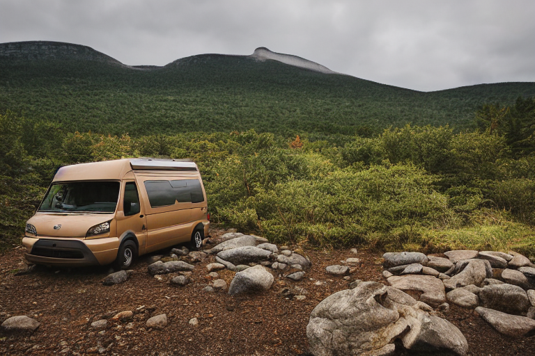 A brown camper van rests at a quiet campsite in Acadia National Park. Stone slabs and boulders surround the gravel ground, while hikers gather nearby. Above, stars peek through the stormy night sky.