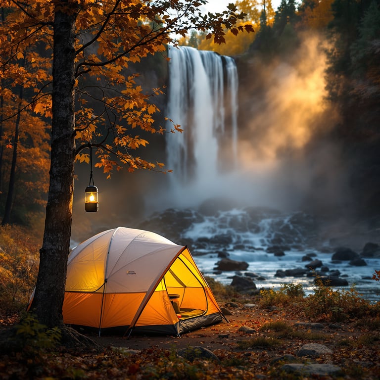 A cozy tent glows beneath golden autumn leaves, right next to a roaring waterfall. Mist fills the air, making everything feel cool and magical. The lantern hanging on a tree lights up the peaceful campsite.