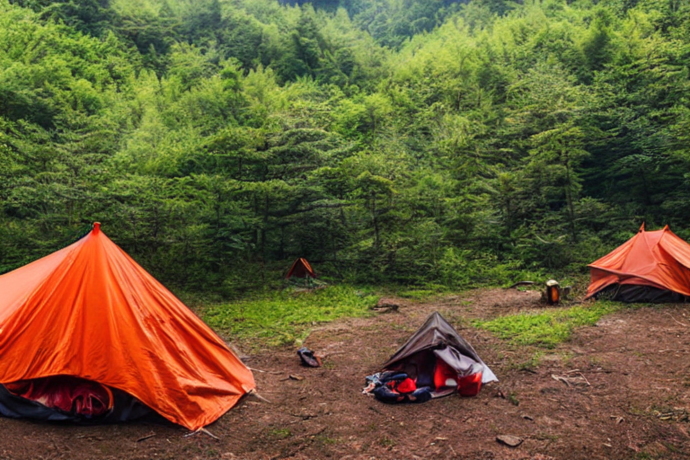 An orange tent rests on a quiet dirt campsite in Zhangjiajie as dusk settles in. A warm campfire glows beside the logs, with a backpack, drying clothes, and berry-covered bushes nearby.