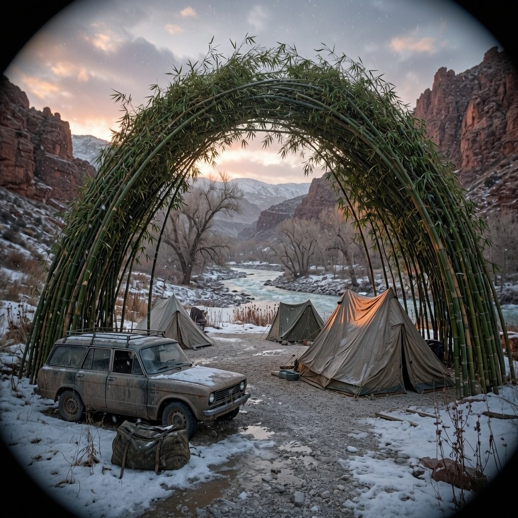 Three tents sit beneath a bamboo arch in a snowy gorge, seen from outside the camp. A river winds past bare trees, and an old car is parked on the snow.